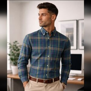 Ralph Lauren Men’s Plaid Button-Up Shirt Green Blue Cotton Size M Slim Fit